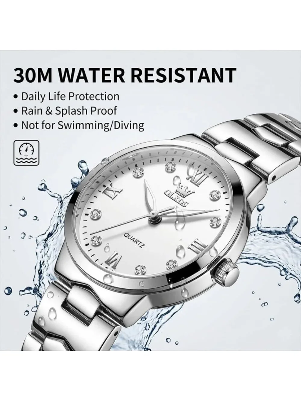 Women's Silver Analog Quartz Waterproof Stainless Steel Band Ladies Wrist Watch